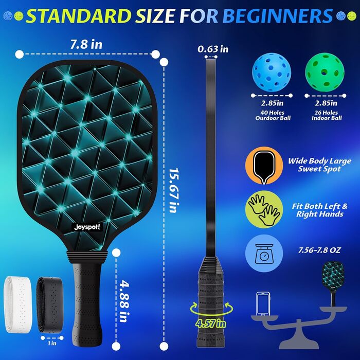 Набір для піклболу JOY SPOT 2 шт. з 4 м'ячами та сумкою – легкі ракетки з фібергласовою поверхнею для чоловіків, жінок та початківців – ідеально для гри в приміщенні та на вулиці