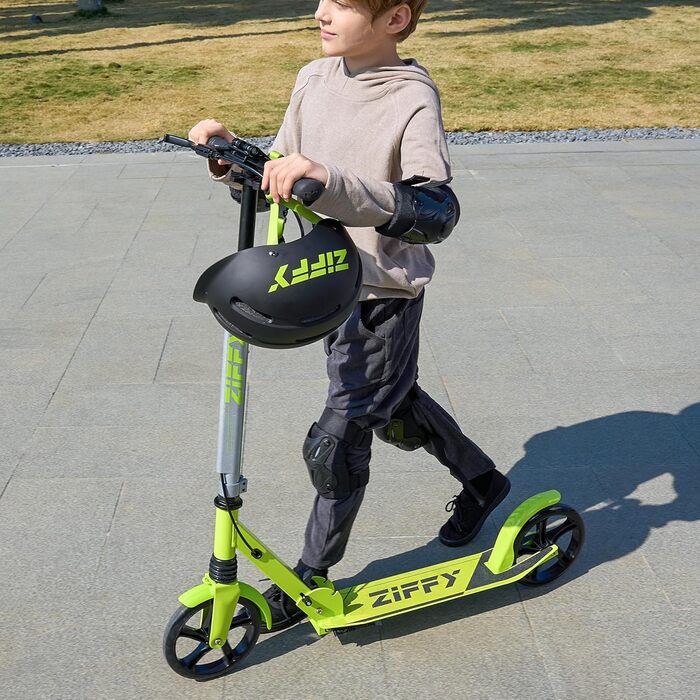 Тролелер ZIFFY для дітей та дорослих, 6-12 років, зелено-фіолетовий, діаметр коліс 200 мм, ABEC-9, амортизація, складаний алюмінієвий каркас, регульований кермо 79-106 см, ручне гальмо, вантажопідйомність 118 кг