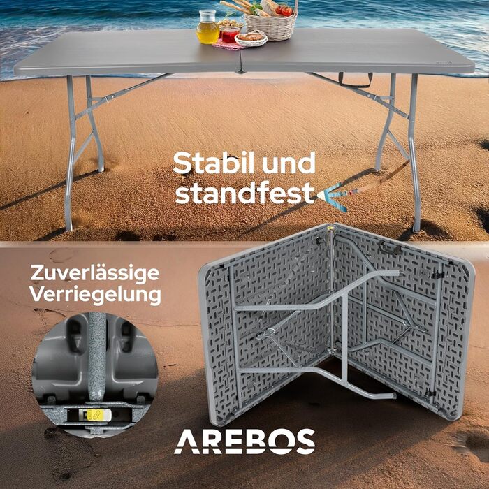 Складаний садовий стіл Arebos Buffettisch 182x74x74 см | Стіл для вечірки, відпочинку, кемпінгу | 8 осіб | Антрацит