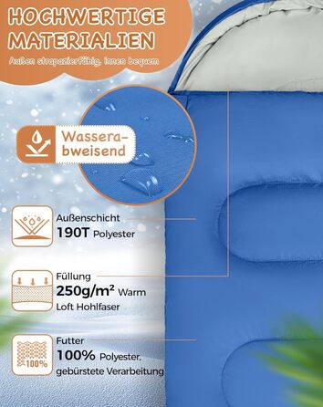 Сплячий мішок KingCamp для дітей, легкий, теплий, 3-4 сезони, для кемпінгу та піших прогулянок (Блакитний L)