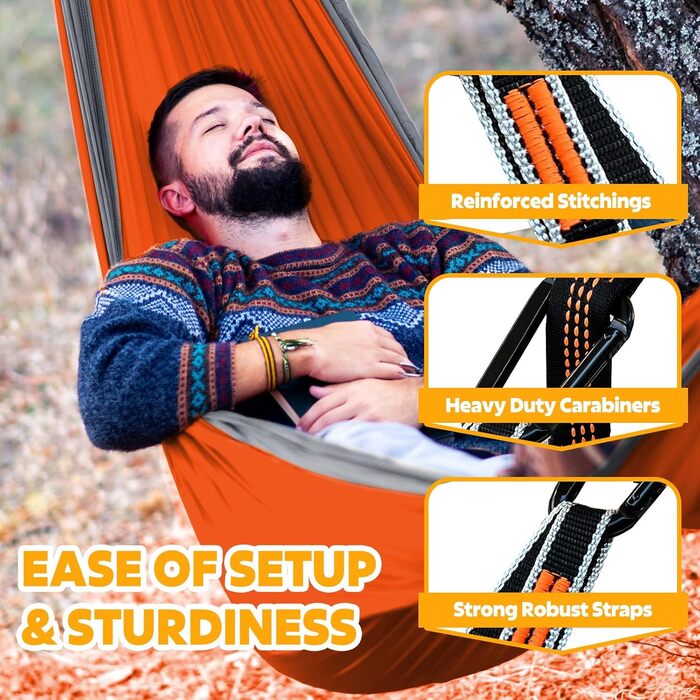Гамак для кемпінгу NATUREFUN Ultraleicht | 300 кг, 275 x 140 см, дихаючий, швидковисихаючий, для відпочинку вдома, на природі, у саду (помаранчевий/сірий)
