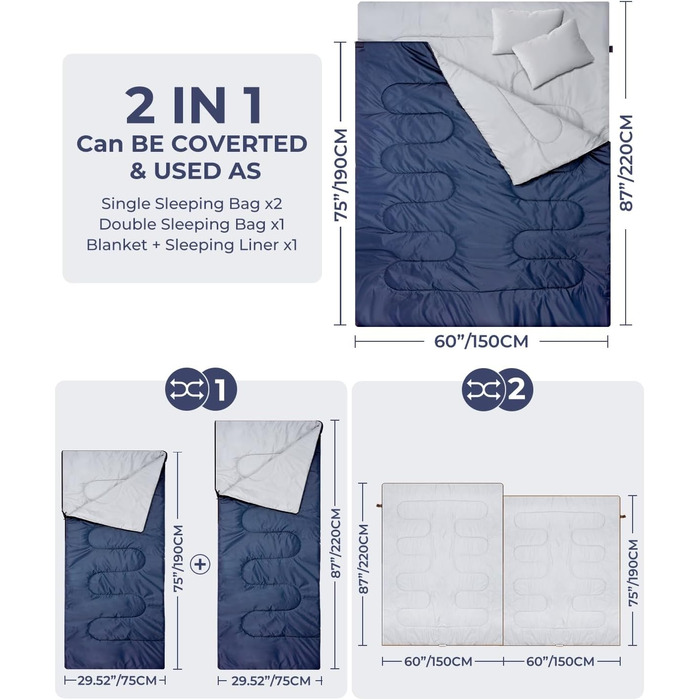 Спальний мішок Ohuhu для двох осіб, 220x150 см, блакитний - для кемпінгу, подорожей, сімейного відпочинку та фестивалів