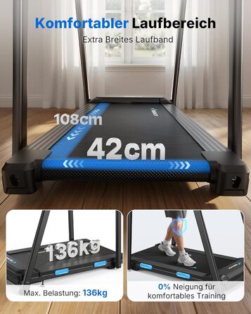 Бігова доріжка Merach для дому, 0.8-8.5 км/год, 3.0 к.с., з поручнями, LED-дисплеєм, для літніх людей, 42x108 см, макс. вага 136 кг, чорна