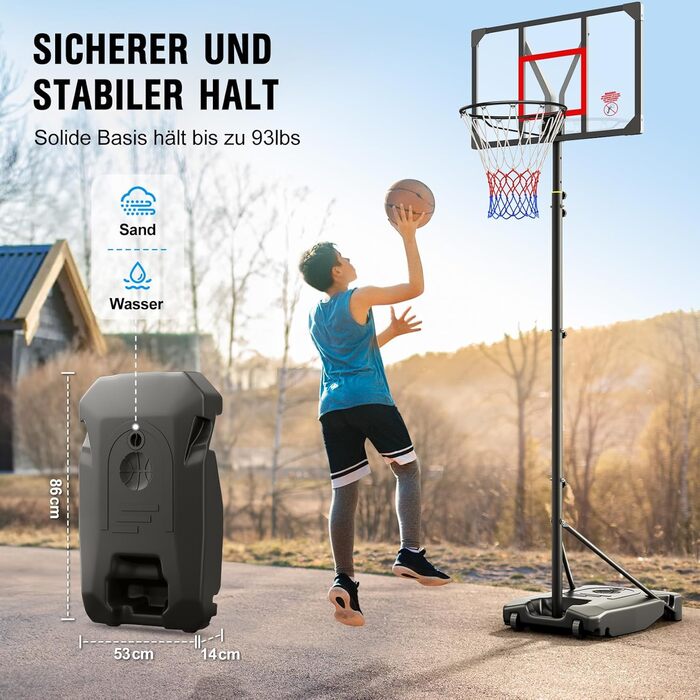 Баскетбольний кошик вуличний з підставкою, регульована висота 147-260 см, міцна задня панель 82x53 см, розширений майданчик на колесах, чорний