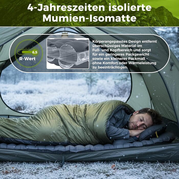 ATEPA ThermAir: Каремат ізольований для кемпінгу та хайкінгу 8 см (183x64 см, сірий). Легкий, компактний, R-значення 6
