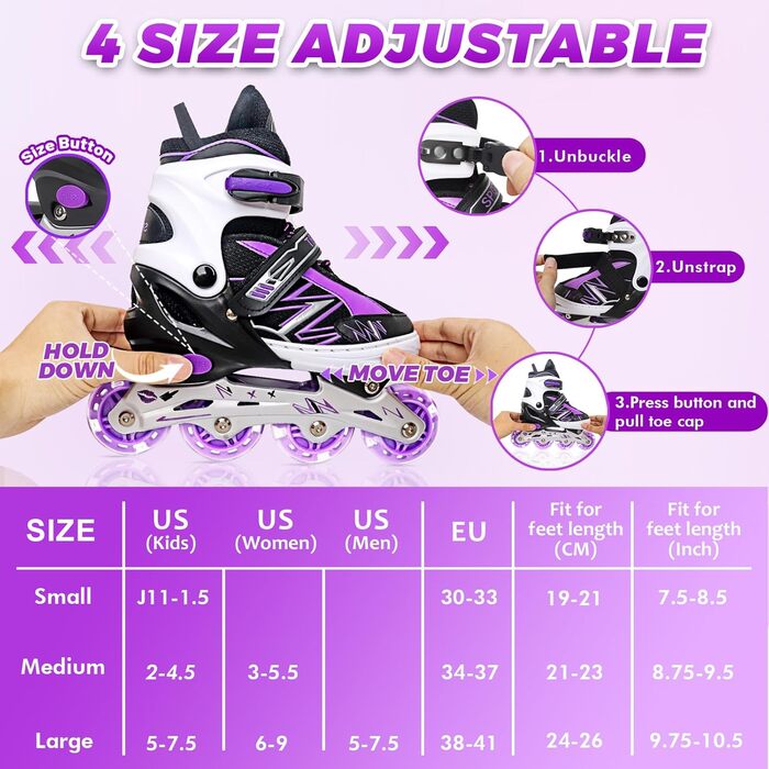 Дитячі ролики для катання в приміщенні та на вулиці, з підсвічуванням коліс, для дівчаток та хлопчиків, розмір S, чорно-фіолетові