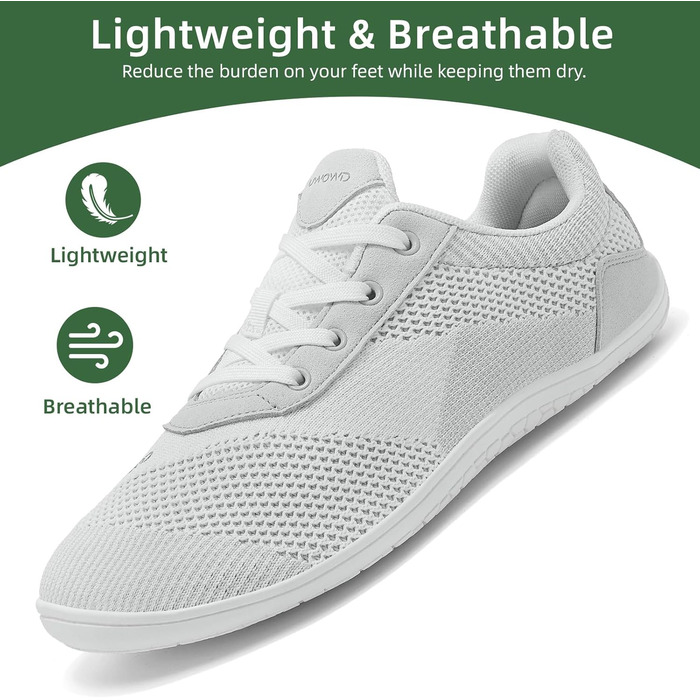 Легкі дихаючі кросівки Barfußschuhe для чоловіків та жінок | Широка передня частина, підошва 4 мм | Зручні для спорту, відпочинку та повсякденного носіння (44 EU, Білий)