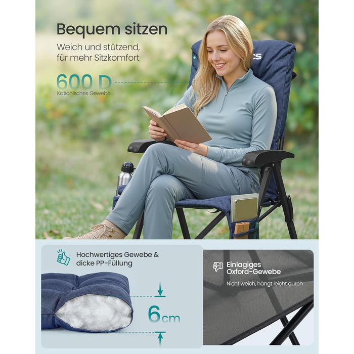 Складний туристичний стілець SONGMICS для відпочинку та риболовлі, з регульованою спинкою, підстаканником та кишенею, блакитний