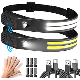 LED налобний ліхтар, 2 шт. з широким кутом огляду 230°, 6 режимів, датчик світла, водонепроникний, ідеально для бігу, риболовлі та інших активностей