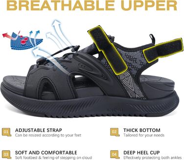 ONCAI Легкі сандалі для жінок, спортивні трекінгові сандалі з підтримкою стопи, ортопедичні для активного відпочинку, підходять при п'ятковому фасціїт, регульовані ремінці, розміри 36-43, чорний