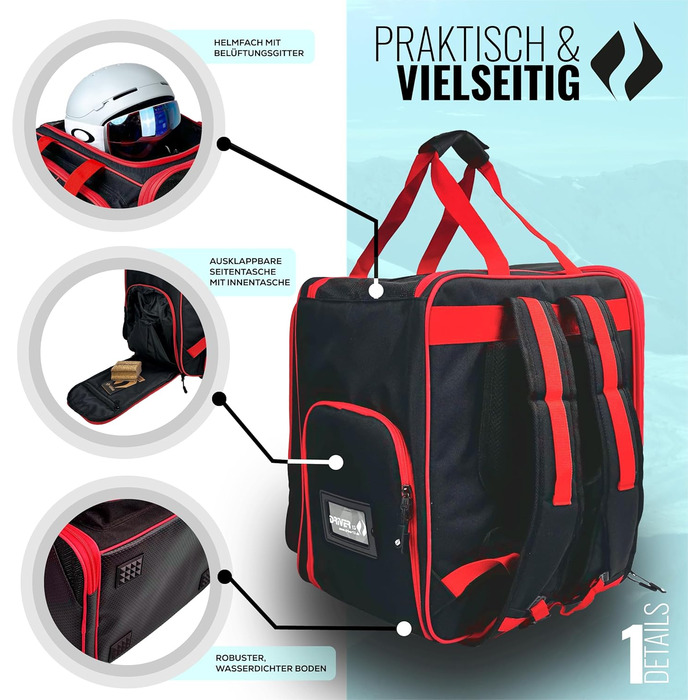 Рюкзак для лижних черевиків Driver13 з відділенням для шолома. Підходить для лиж, сноуборду, роликів та черевиків. Оригінальна модель з 2007 року, чорно-червоний.
