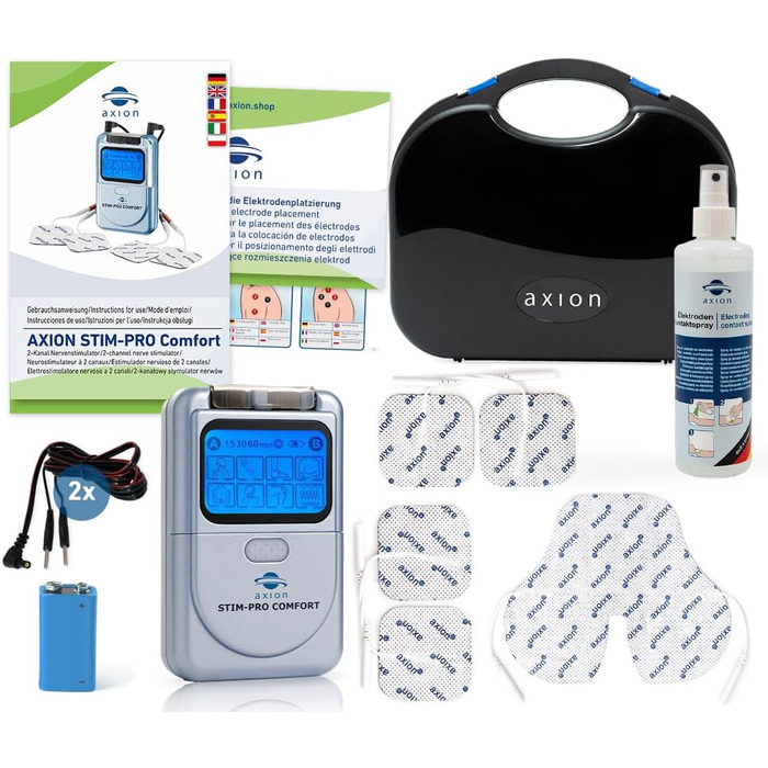 Пристрій TENS Axion STIM-PRO Comfort для терапії болю - 4 електродні накладки 5x5 см | Апарат електростимуляції для зняття болю при артрозі, артриті, болях у шиї, спині, суглобах | Сертифікований медичний продукт