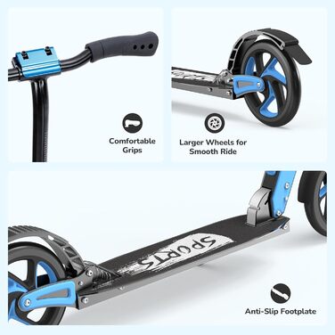 Дитячий ролер Roller Kinder з алюмінію, регульована висота, складна конструкція, подвійна підвіска, до 100 кг, синій