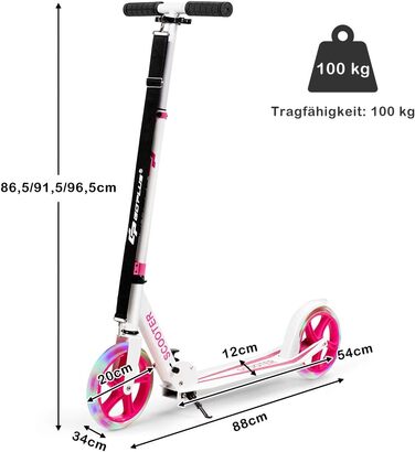 Дитячий трюковий самокат GOPLUS Roller Kinder 10 років, 3-ступенева регулювання висоти, алюмінієвий, з LED-колесами, гальмом, ременем та підставкою, до 100 кг (Рожевий)