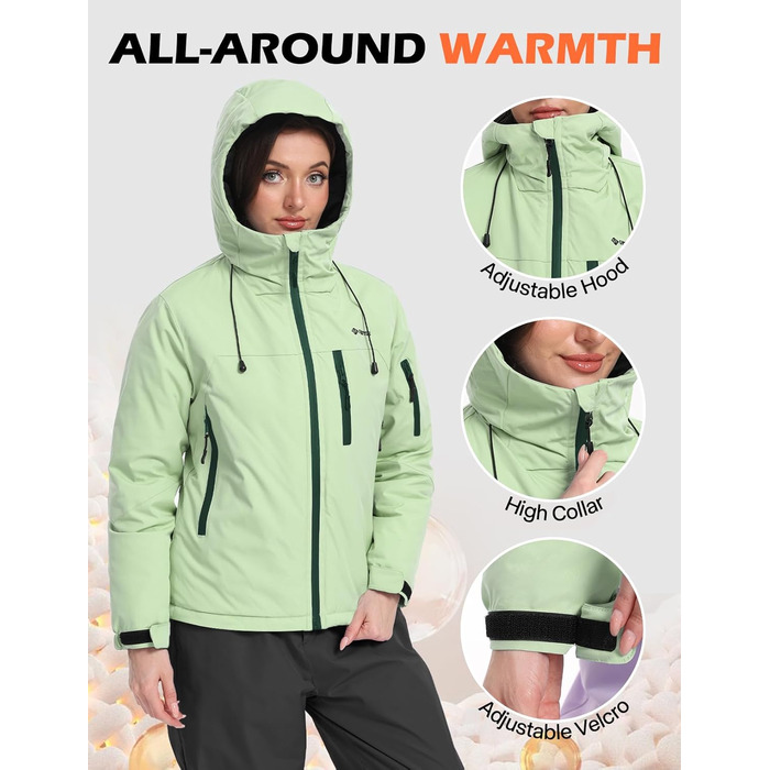 Жіноча лижна куртка GEMYSE з інтегрованими лямками. Тепла зимова куртка, водонепроникна, вітронепроникна та дихаюча. Снігова куртка для активного відпочинку на природі. Колір: світло-зелений.