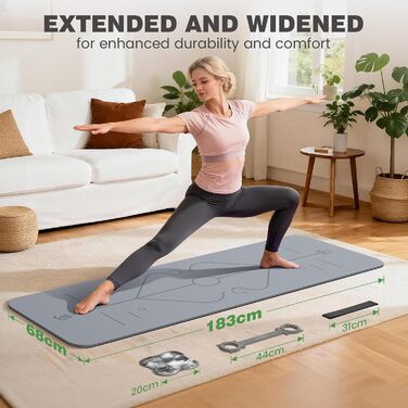 Йога мат Soontrans 8 мм, TPE, 183x68 см (сірий) - з гумками, килимком для колін та фітнес аксесуарами