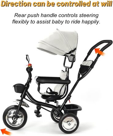 Триколісний велосипед 4-в-1 для дітей від 1 року з батьківською ручкою – дитячий триколіс для 1-4 роки до 25 кг, регульована батьківська ручка, поворотне сидіння, складаний навіс та кошик – компактний та безпечний (світло-сірий)