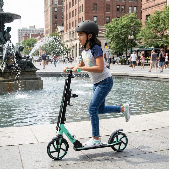Самокат міський Bergеn City Scooter Downtown, алюмінієвий, складаний, 3.3 кг, колеса 200 мм, регульована висота, для дітей від 6 років, підлітків, дорослих до 100 кг (чорний, зелений)
