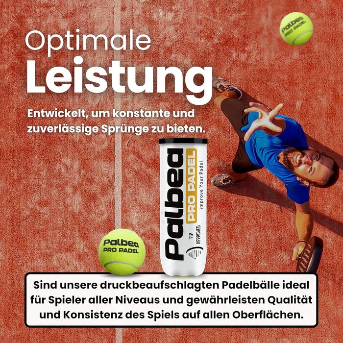 Palbea PRO Padel - М'ячі для падел-тенісу, сертифіковані FIP, преміум якість. Підходять для тренувань та турнірів. 1 картон x 6/12/24 туби.