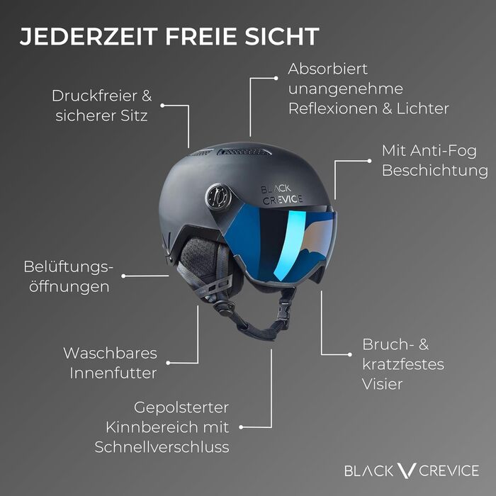 Шолом гірськолижний BLACK CREVICE Chamonix I з візором, чорний матовий, Carbon/білий, унісекс, розмір M (55-58 см)