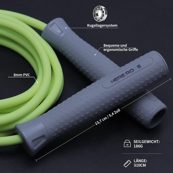 Стрибкове канат HEREROPE з вагами, 8 мм, 360° обертання, регульована довжина, неслизька ручка, для кардіо, HIIT, MMA, зелений