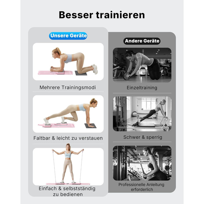 Реформатор для пілатесу MERACH – багатофункціональний тренажер для дому з еластичними стрічками, наколінниками, 120 кг, рожевий