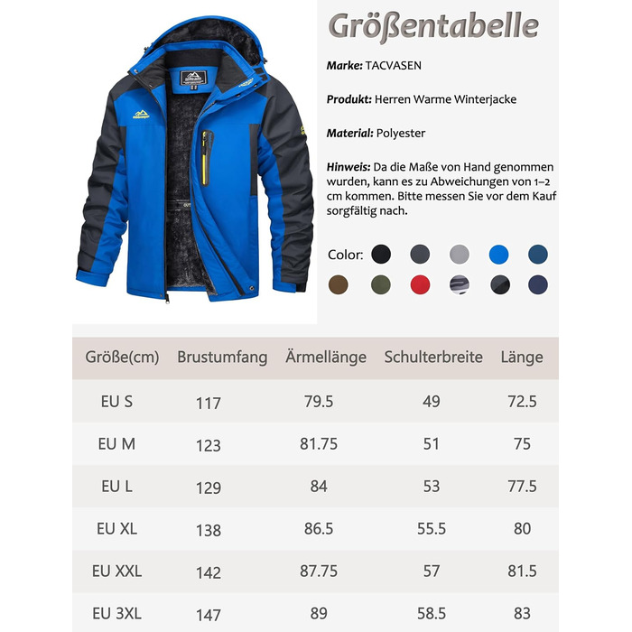 TACVASEN чоловіча тепла зимова куртка з капюшоном, водонепроникна, функціональна, блакитна