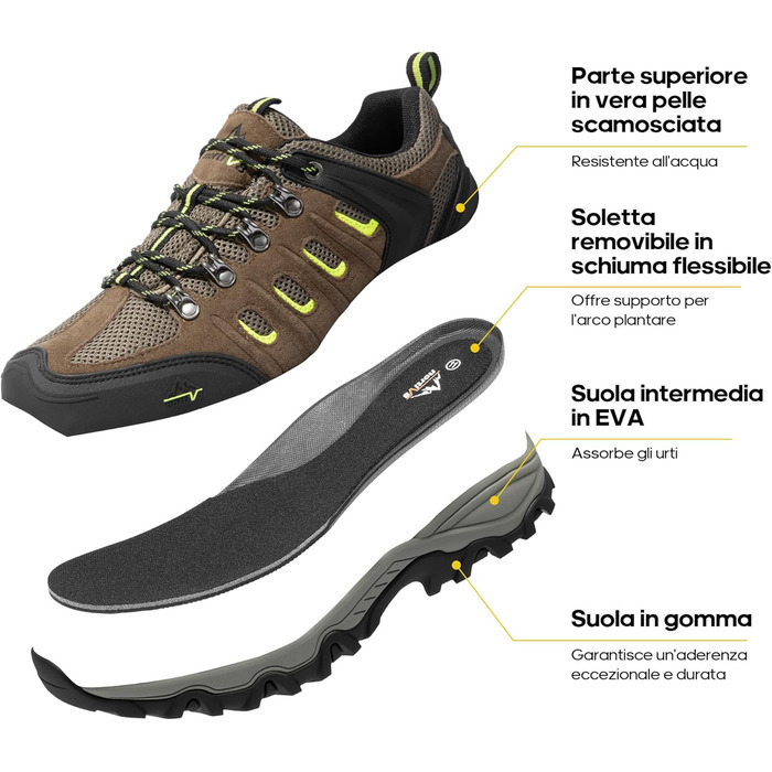 Чоловічі водонепроникні трекінгові черевики NORTIV - легкі, для хайкінгу та кемпінгу (43 EU, широка колодка, чорний, коричневий, жовтий, замша)