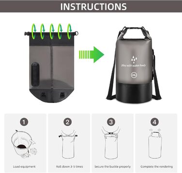 Водонепроникний мішок Drysack 20 л Roll-Top з кишенею для телефону – для каякінгу, човнів, походів, рафтингу, плавання, кемпінгу та риболовлі (Чорний)