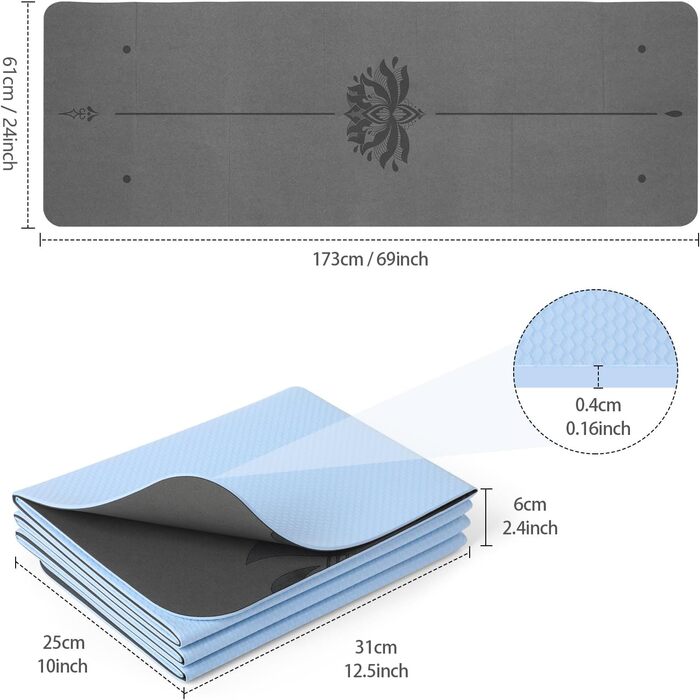 Килимок для йоги Enssy, складаний, компактний, 173x61 см, 0,4 см, з сумкою, легкий дизайн для пілатесу (PU-Lotus Centerline2)