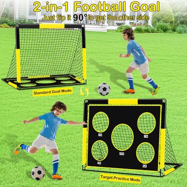 Дитячі воріта для футболу 2-в-1, 150х120 см, портативні та стабільні, з 5 цілями, 4 анкери та сумка, для саду, парку, пляжу (жовті)