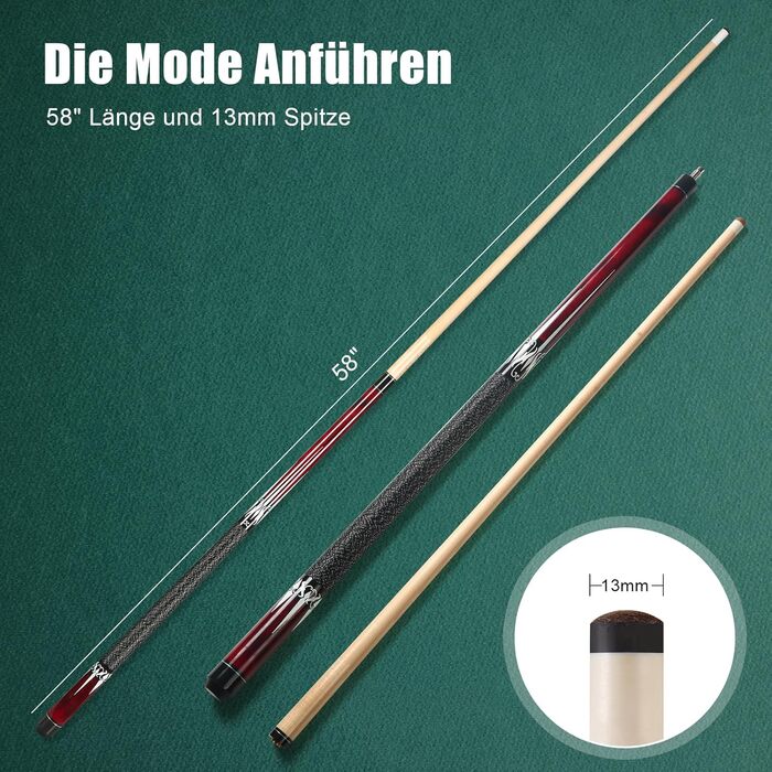 Кю Pool Queue 58 дюймів: Більярдний кий з канадського клена, наконечник 13 мм, для професійних гравців. Білльярдний кий 1/2 Maple, червоний