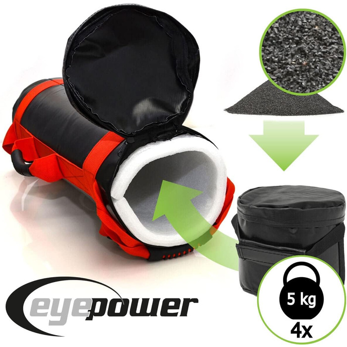 Eyepower Професійний силовий мішок 20 кг + 4 водонепроникні гирі з залізним піском, 6 ручок, фітнес-сендбег для дому, тренування преса та спини, чорний-червоний