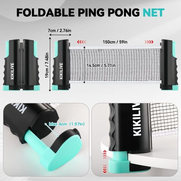 Набір для пінг-понгу для 2 гравців – 2 ракетки, сітка, 6 м'ячів – для гри в приміщенні та на вулиці, блакитний/зелений