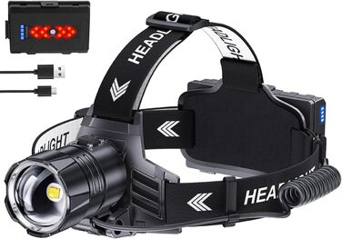 LED налобний ліхтар перезарядна, 100 000 люкс, 12 режимів, червоне світло, IPX7, для кемпінгу, риболовлі, активного відпочинку