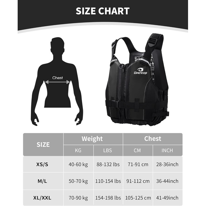 Owntop Плавуча жилетка для дорослих, штанговий ремінь, кишеня, унісекс. Підходить для SUP, каякінгу, риболовлі, вітрильного спорту, каное. Чорний колір, XL-XXL