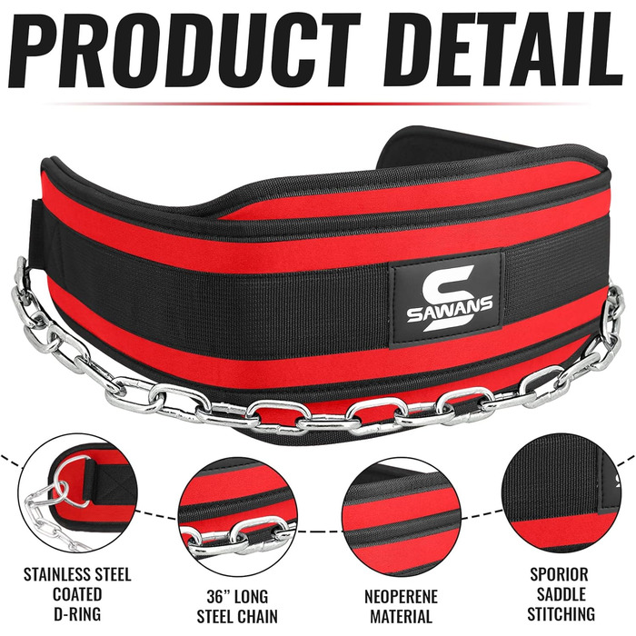 Пояс для підтягувань Dip з нержавіючої сталі, 91.4 см, для бодібілдингу, важкої атлетики, тренувань у спортзалі, пауерліфтингу, з неопреновою підтримкою спини, чоловічий, універсальний (червоний)