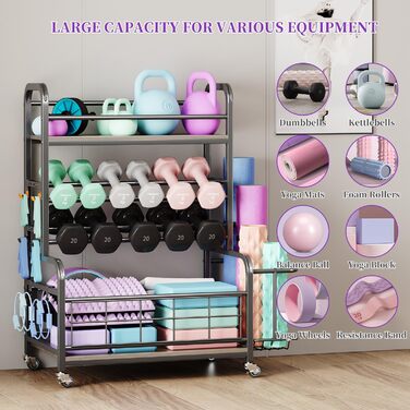 Стійка для гантелей Homeiju: зберігання гантелей, гир, йога-матів, з колесами та гачками (сіра)