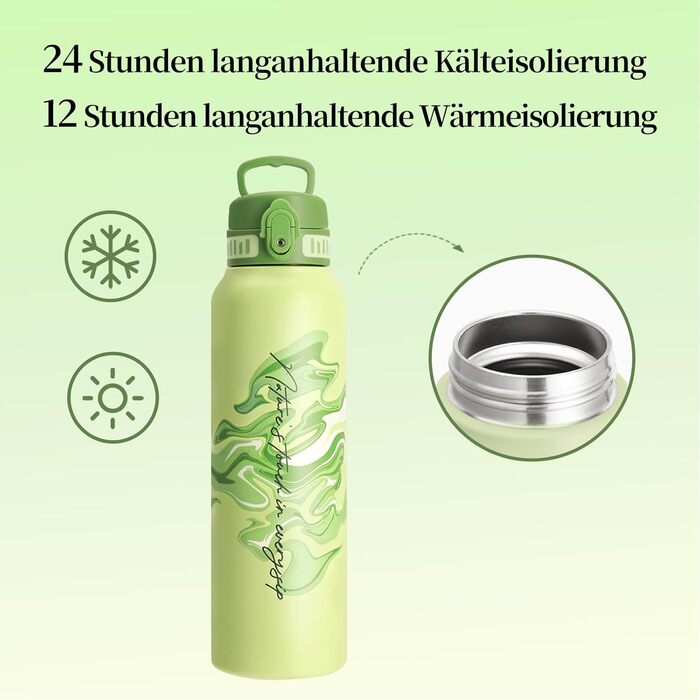 Термос-пляшка UZSPACE 1л (970мл) з нержавіючої сталі, ізольована, 1-click відкривання, не протікає, для спорту, туризму, фітнесу, тренажерного залу, на відкритий простір, колір: лісовий зелений