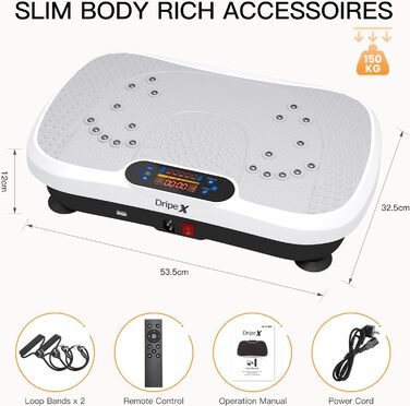 Віброплатформа Dripex 3D з Bluetooth, 99 рівнів вібрації, 5 програм тренувань + гумові амортизатори (білий/чорний)