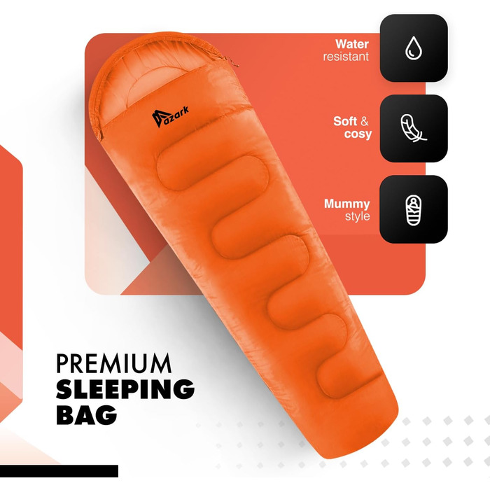 Спальний мішок Azark Premium, 350 г/м², легкий та водонепроникний, 4 сезони, для кемпінгу, піших прогулянок та відпочинку на природі, для дорослих та дітей, помаранчевий