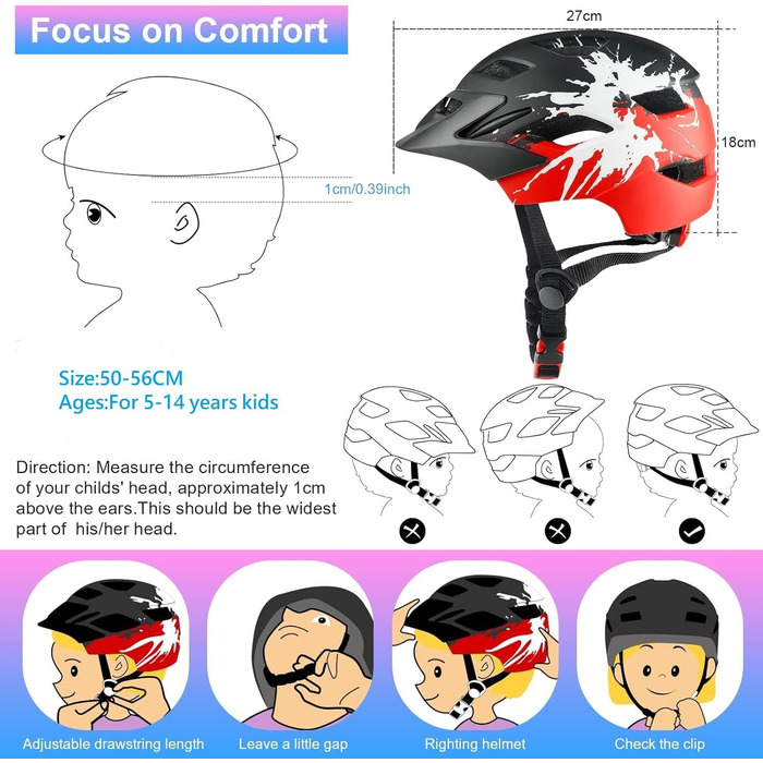 Дитячий шолом для велосипеда з ліхтариком, легкий регульований шолом для дівчаток та хлопчиків 50-56см (від 5-14 років), чорно-червоний