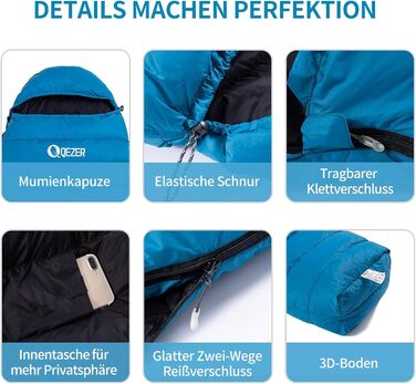 Спальний мішок Daunenschlafsack: теплий зимовий спальник з гусячим пухом 650 fill power, сертифікат RDS. Температурний режим: +8°C до -30°C. Ідеальний для кемпінгу та альпінізму. Колір: блакитний