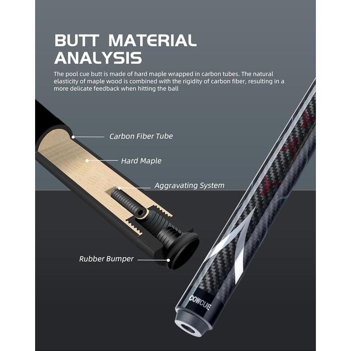Більярдний кий CRICAL з карбону, 147,3 см, професійний, з'єднання 3/8 x 8, наконечник 12,5 мм, COWCUE-02