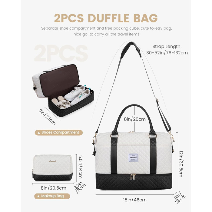 Спортивна сумка LOVEVOOK для жінок з відділенням для взуття, ручна поклажа, дорожня сумка, сумка для вихідних, містка для спортзалу, пляжу, подорожей, пологів (L-2шт, Бежевий, Чорний)