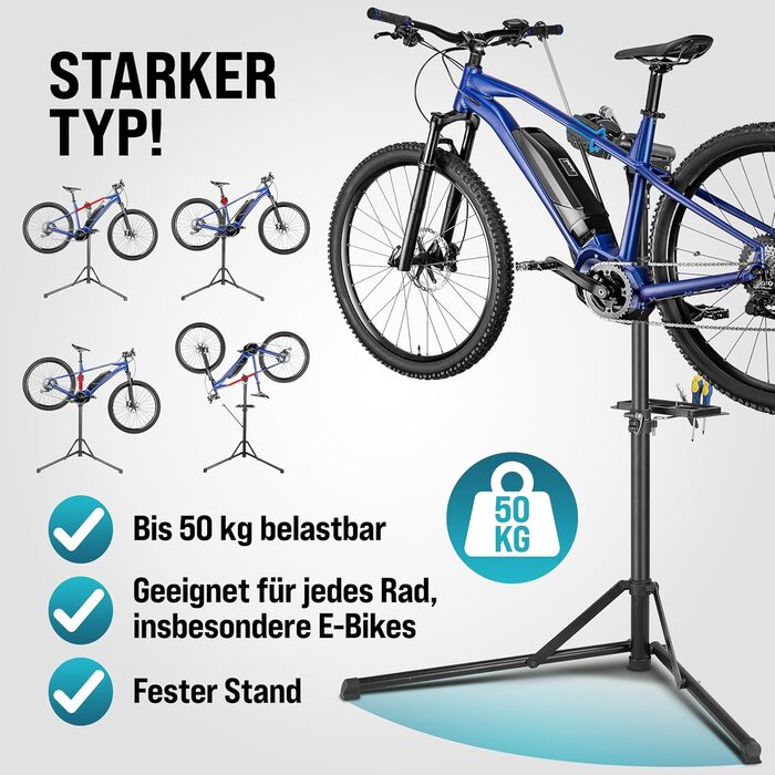 Підставка для збирання велосипедів Monzana® Profi: сталева, складна, регульована по висоті, 50 кг, для E-bike, з органайзером для інструментів та мішком для багажу