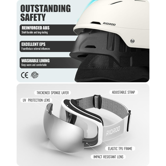 Шолом для сноуборду та лиж зі захисними окулярами, регульований, білий, M