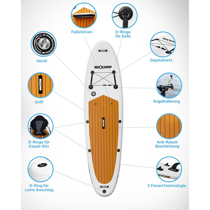 Надувне SUP-борд Neolymp 315см – Комплект 13 предметів: SUP, каяксід, насос, рюкзак, інструкція – для дітей та дорослих, вантажопідйомність 150кг, дерев'яний дизайн