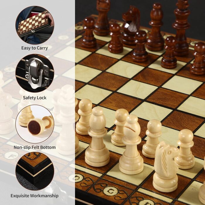 Набір для гри в шахи 3-в-1, дерев'яний, магнітний, 29 x 29 см. Шахи для дітей, для ігор, сімейних вечірок