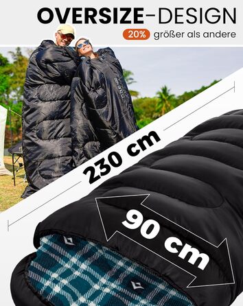 Спальний мішок KingCamp Flannel для дорослих, 3-4 сезони, ультралегкий, бавовна, теплий, ковдровий, водонепроникний, для кемпінгу, чорний, L, блискавка